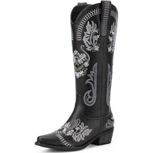 Women Polyurethane Black Rhinestone Embroidered Chunky Heel Knee High Tall Boots